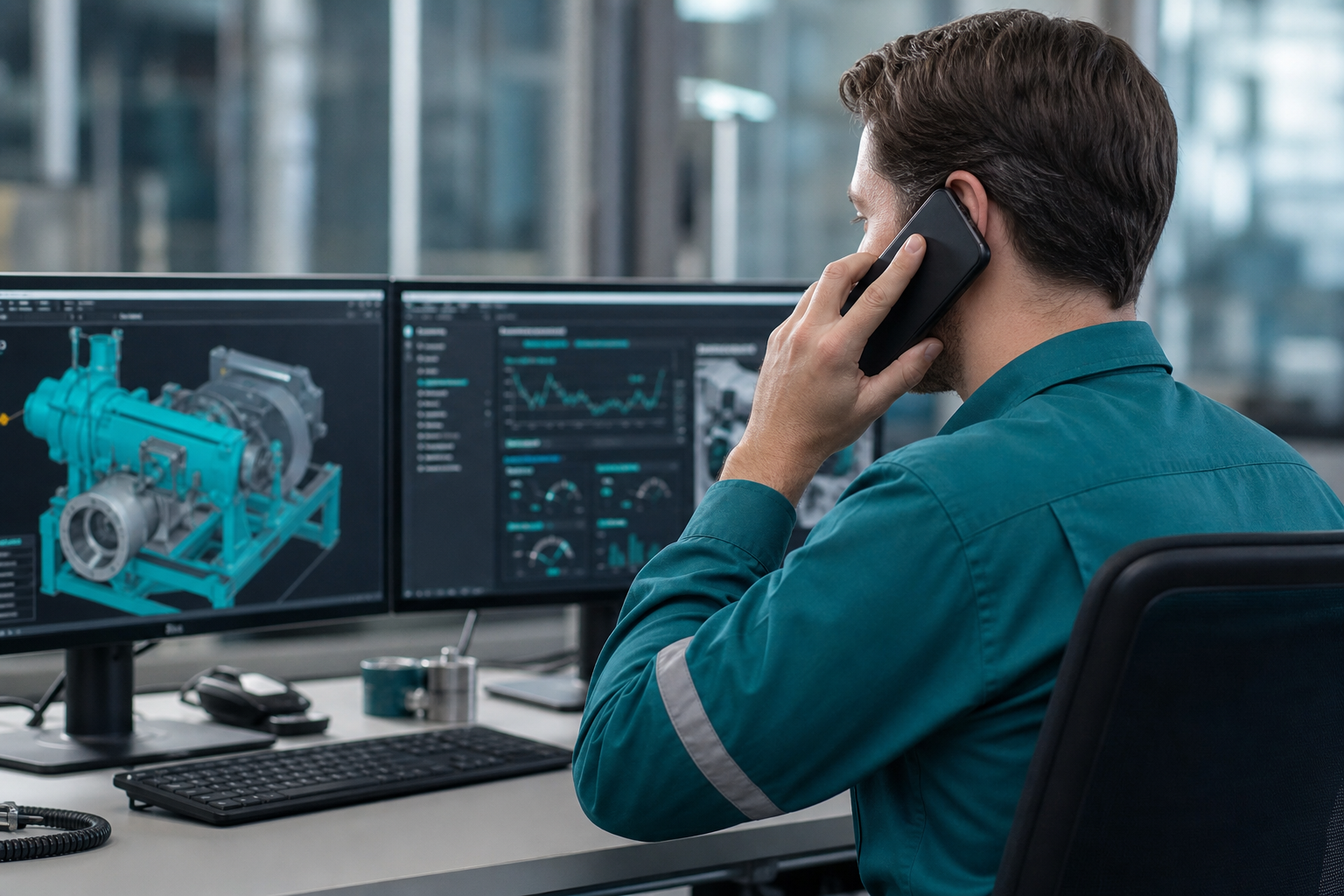 Engineer at a computer holding a phone while providing remote online debugging support